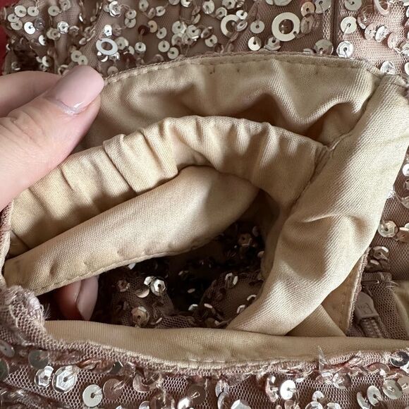 ADRIANNA PAPELL Rose Gold Sequin Dress sequins mini size 4 s off shoulder - Picture 5 of 8